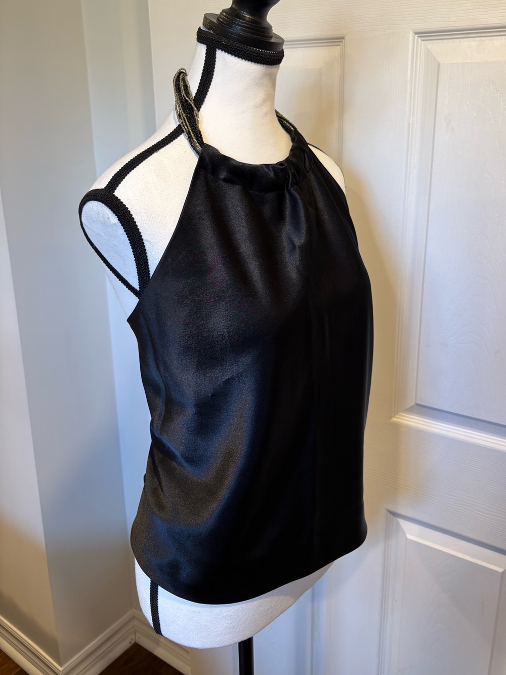 Joseph Ribkoff Black Satin Beaded Halter Top Small Evening Party